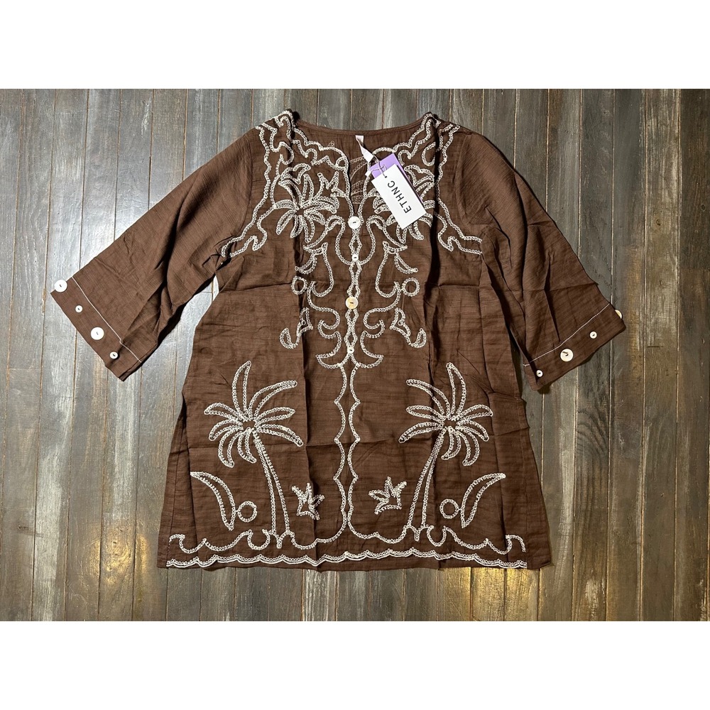 ETHNC Brown Embroidered Palm Tree Tunic Top Boho Tropical Beach Coverup